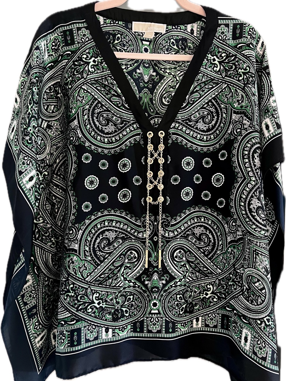 Michael Kors Navy Blue & Green Paisley Kimono V-Neck Blouse